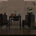 Warm Modern Restaurant Interior With Wooden Dining Table Chairs Vase Fruits And Decorative Painting