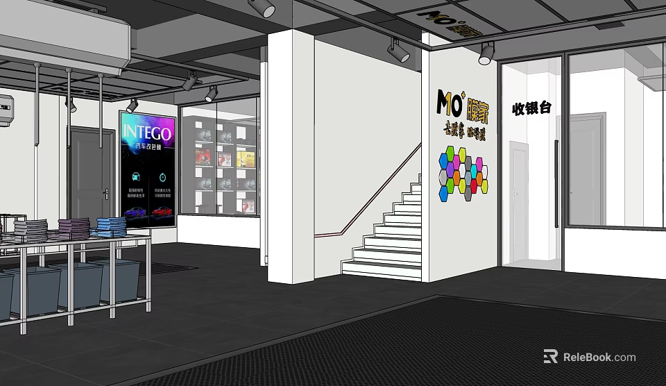MO BEAR Store Interior With Cashier Counter Staircase And Display Shelves 3d model 