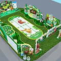 Vibrant Children's Playground With Cartoon Animals Green Grass Archway Balloons And Gift Boxes