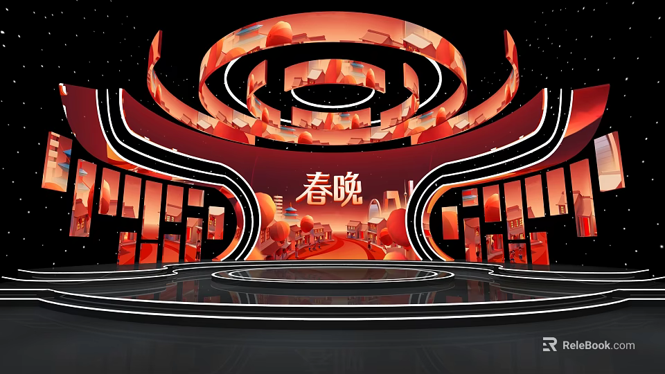 Spring Festival Gala Stage Design Featuring Red Orange Circular Decorations And City Silhouettes 3d model 