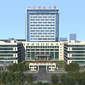 Aerial View of Modern Office Building with Greenery and Parking and Main Tower Annex Wings