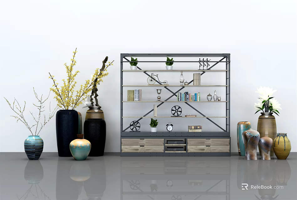 Modern Metal Shelving Unit With Books Plants Vases And Decorative Items 3d model 