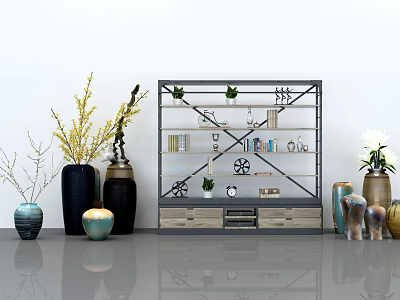 Modern Metal Shelving Unit With Books Plants Vases And Decorative Items 3d model