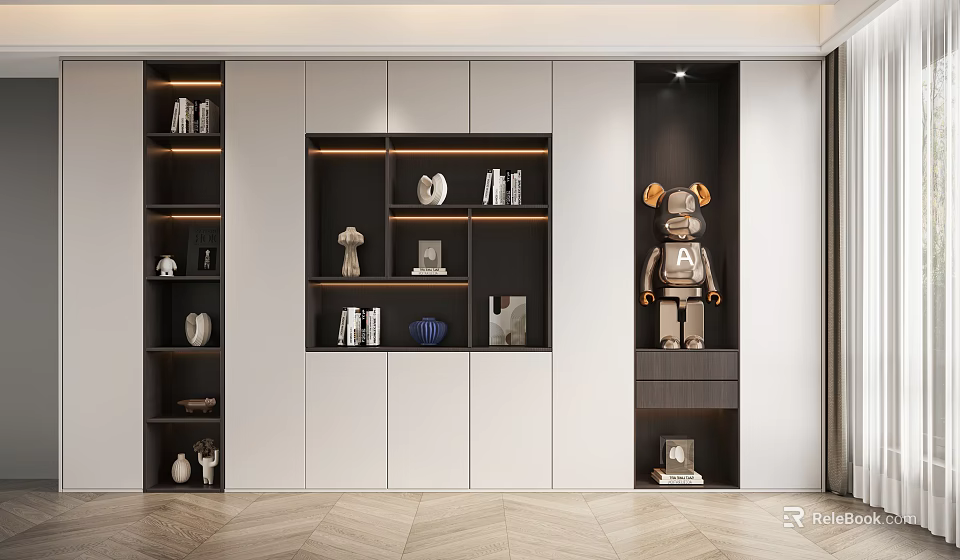 Modern Modular Bookcase Design With White And Dark Panels Decorative Sculptures Books And LED Lighting 3d model 