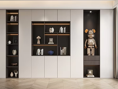 Modern Modular Bookcase Design With White And Dark Panels Decorative Sculptures Books And LED Lighting 3d model