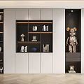 Modern Modular Bookcase Design With White And Dark Panels Decorative Sculptures Books And LED Lighting