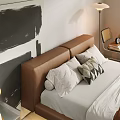 Double Bed With Brown Upholstered Headboard White Pillows Geometric Cushion Brown Throw Blanket Black And White Abstract Painting Floor Lamp