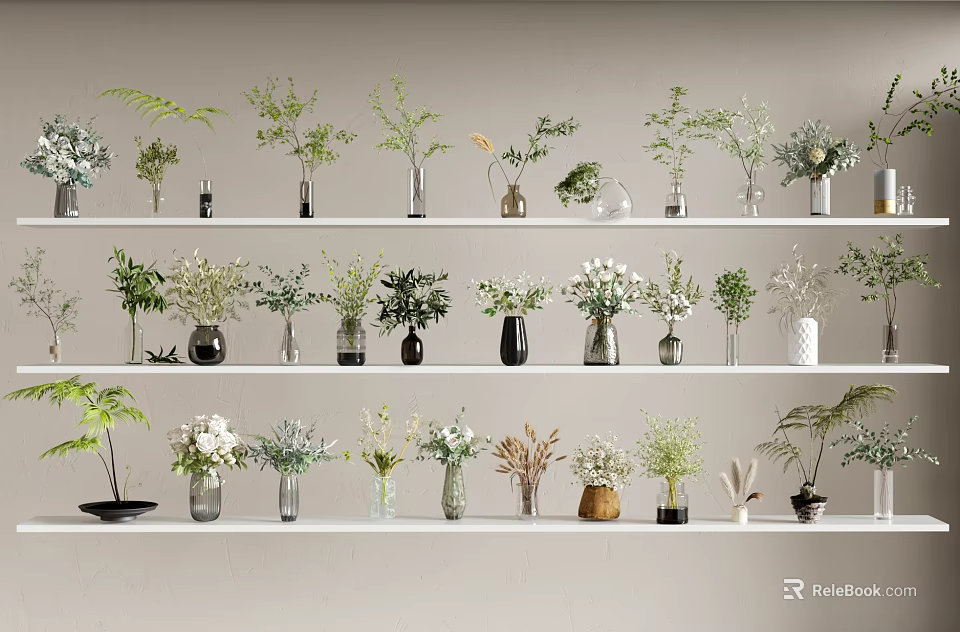 Bonsai Potted Plants on White Shelves for Indoor Decor with Various Green Plants and Flowers 3d model 