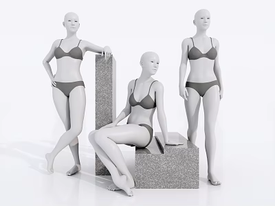 Three Female Mannequins in Gray Bikinis Standing Leaning on Stone Pillar and Sitting on Block 3d model