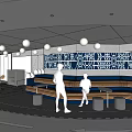 Modern Break Room Interior With Geometric Pattern Wall Pendant Lights And Benches