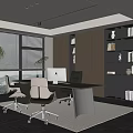 Modern Office Interior With Large Windows Blinds Desk Ergonomic Chairs Bookshelves And Plants