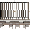 Modern Wooden Dining Table Set With Matching Chairs Pendant Lights And Wooden Panel Wall