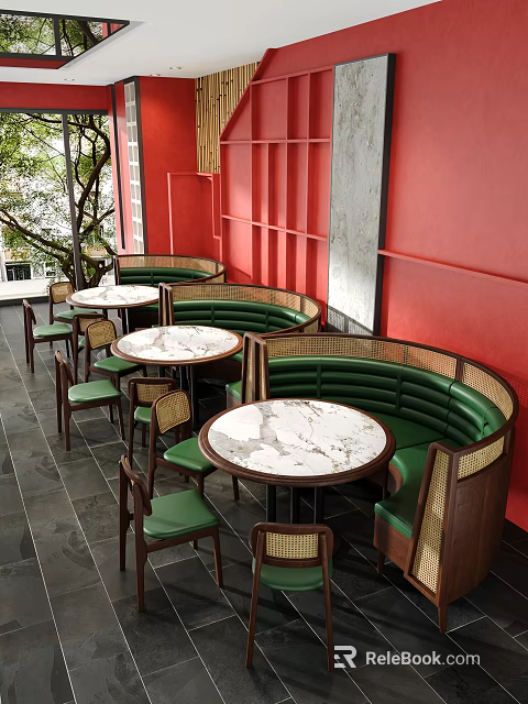 Cozy Restaurant Interior With Red Walls Green Leather Booths Round Marble Tables And Wicker Chairs 3d model 