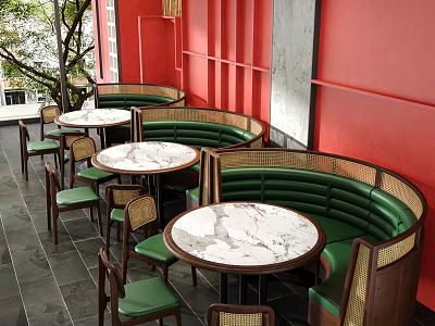 Cozy Restaurant Interior With Red Walls Green Leather Booths Round Marble Tables And Wicker Chairs 3d model