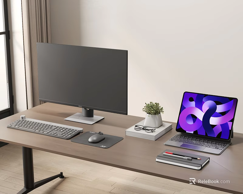 Modern Monitor Laptop Setup With Keyboard Mouse Small Potted Plant On Wooden Table 3d model 