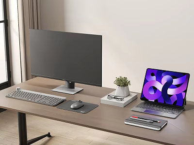 Modern Monitor Laptop Setup With Keyboard Mouse Small Potted Plant On Wooden Table 3d model