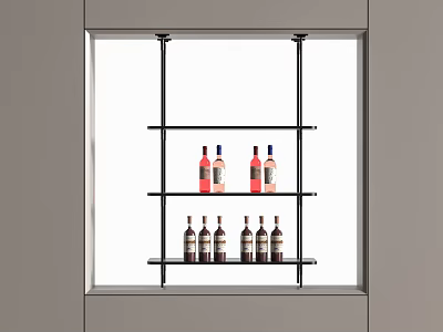 Black Metal Shelf With Red And Dark Wine Bottles In White Window Space 3d model