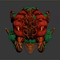 Fantasy Creature 3D Model With Red Floral Structure Brown Roots And Green Leaves Design