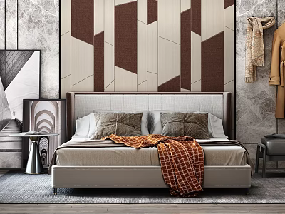 Elegant Modern Bed with Background Wall Geometric Pattern Plaid Blanket and Pillows 3d model