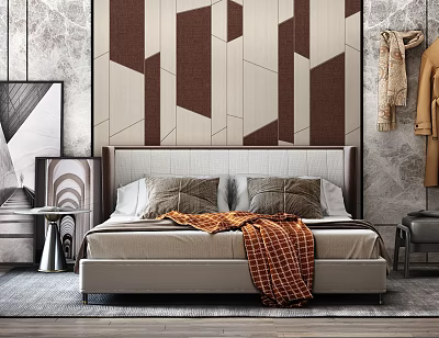 Elegant Modern Bed with Background Wall Geometric Pattern Plaid Blanket and Pillows 3d model