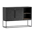 Modern Cabinet Furniture With Woven Doors Black Finish And Metal Frame Open Shelf
