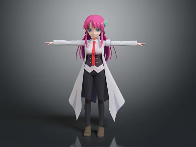 Pink Haired Anime Character With Green Accessory Long White Coat And Outstretched Arms 3d model