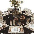 Elegant Dining Table Set With Round Black Tabletop Beige Chairs Flower Vase And Golden Decor