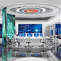 Modern Control Room Circular Layout With Multiple Monitors Control Desks And Ceiling Logo 3d model