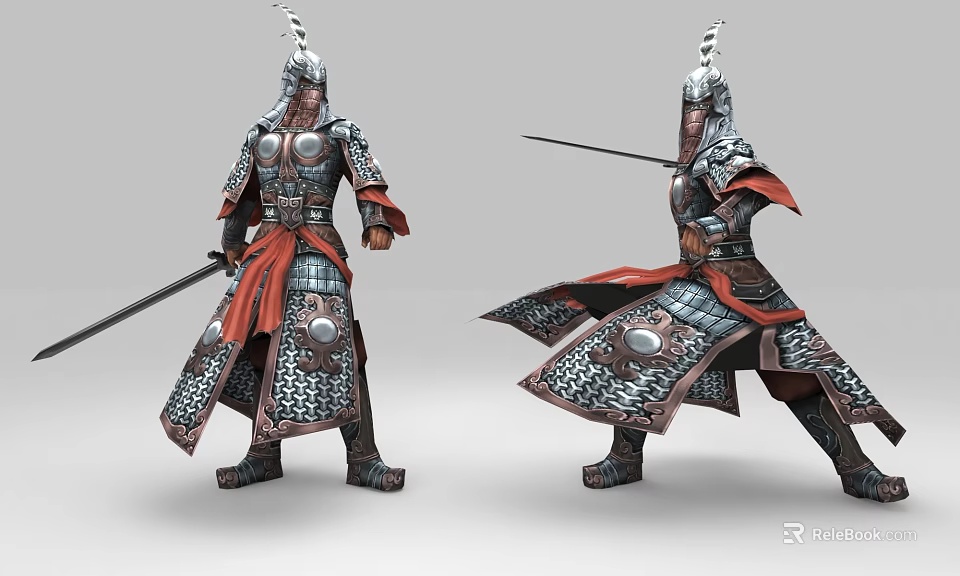 Two Ancient Warriors in Elaborate Armor Holding Weapons in Different Combat Poses 3d model 