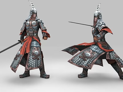Two Ancient Warriors in Elaborate Armor Holding Weapons in Different Combat Poses 3d model