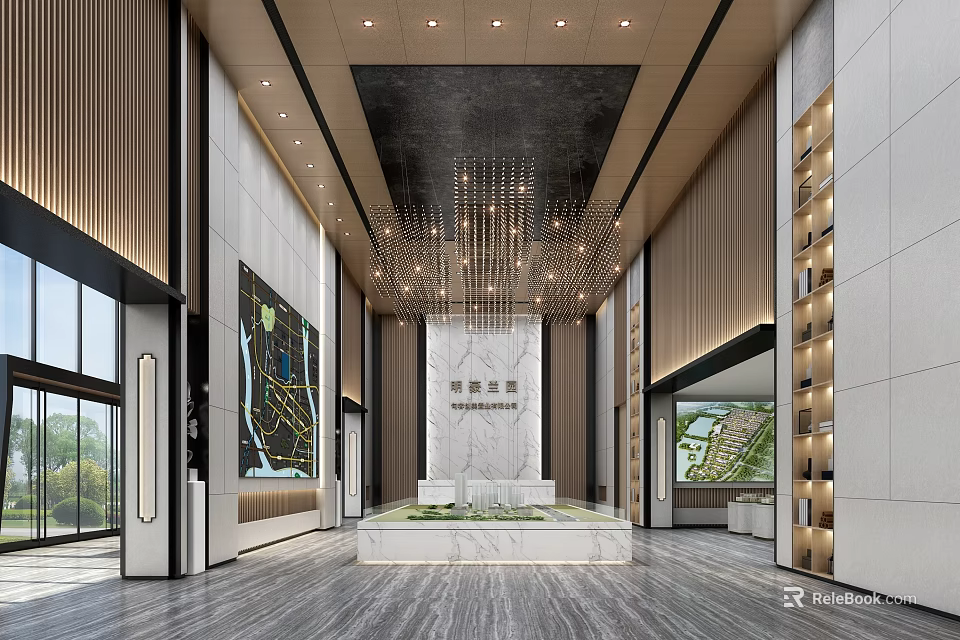 Spacious Modern Luxury Sales Office Lobby With Marble Decoration Sand Table And Exquisite Chandelier 3d model 