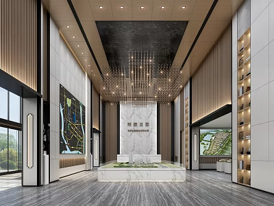 Spacious Modern Luxury Sales Office Lobby With Marble Decoration Sand Table And Exquisite Chandelier 3d model