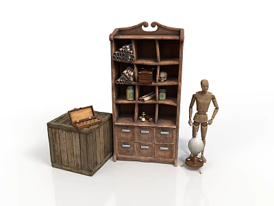 Rustic Wooden Bookshelf With Shelves Drawers And Storage Chest Globe Decorative Mannequin 3d model