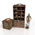 Rustic Wooden Bookshelf With Shelves Drawers And Storage Chest Globe Decorative Mannequin