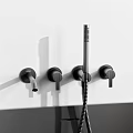 Modern Sleek Grey Freestanding Bathtub Design With Black Faucet And Shower Fixtures