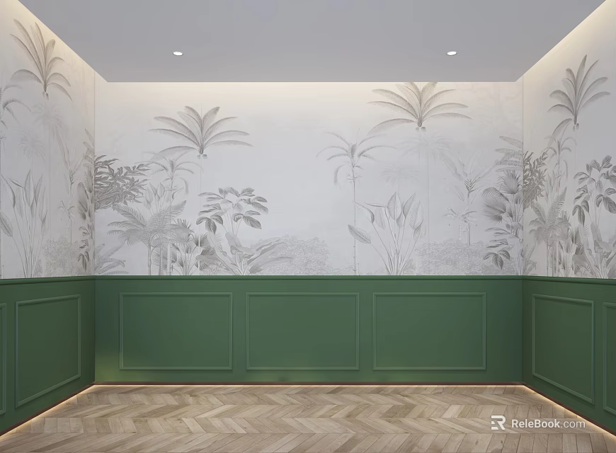 Modern Interior With Tropical Plant Wallpaper Green Paneling And Herringbone Wooden Floor 3d model 