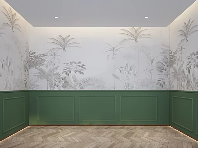 Modern Interior With Tropical Plant Wallpaper Green Paneling And Herringbone Wooden Floor 3d model