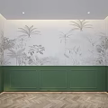 Modern Interior With Tropical Plant Wallpaper Green Paneling And Herringbone Wooden Floor