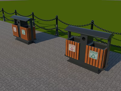 Outdoor Double Trash Bins With Wooden Panels Recycling Signs And Chain Fence 3d model