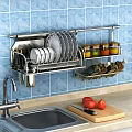 Wall Mounted Stainless Steel Bathroom Cabinet Rack with Toiletries and Dishes on Blue Tile Wall