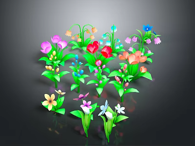 Vibrant Flower Plants with Multiple Colors Various Shapes and Green Stems Leaves on Dark Background 3d model