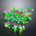 Vibrant Flower Plants with Multiple Colors Various Shapes and Green Stems Leaves on Dark Background