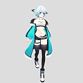 Anime Woman with Blue White Hair Cat Ears Wearing White Cropped Top Black Teal Coat