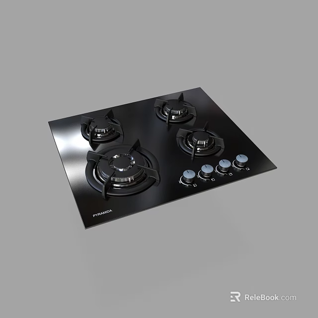 Sleek Black Gas Cooktop with Four Burners and Control Knobs for Modern Kitchens 3d model