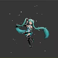 Game Anime Character With Teal Long Twin Tails Short Skirt Jumping Pose And Floating Petals