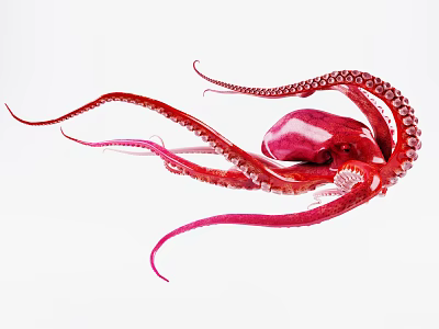 Vibrant Red And Pink Aquatic Animal Octopus With Long Tentacles And Suckers On White Background 3d model
