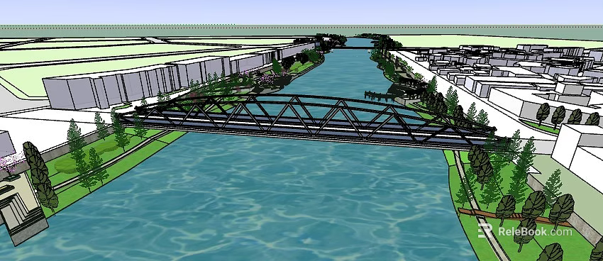 Municipal Road Truss Bridge Over River With Surrounding Buildings And Greenery 3d model 