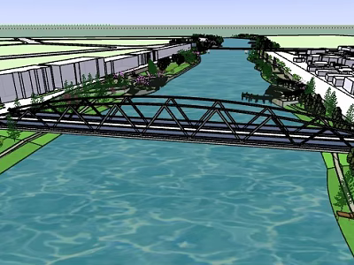 Municipal Road Truss Bridge Over River With Surrounding Buildings And Greenery 3d model