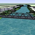 Municipal Road Truss Bridge Over River With Surrounding Buildings And Greenery