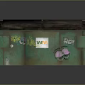 Green Trash Bin With Double Lids And Graffiti Covered Surface WUN Logo